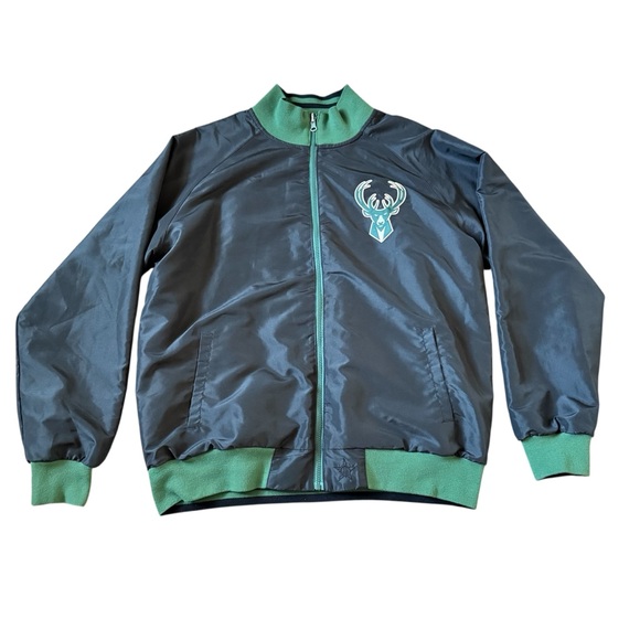 NBA Men’s Milwaukee Bucks Lightweight Black and Green Bomber Jacket Size XL - Picture 1 of 5